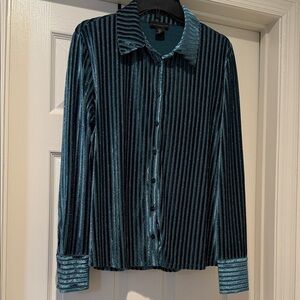 Y2K Dark Academia Tailored Green Velvet Metallic Stripe Button Down Whimsygoth L
